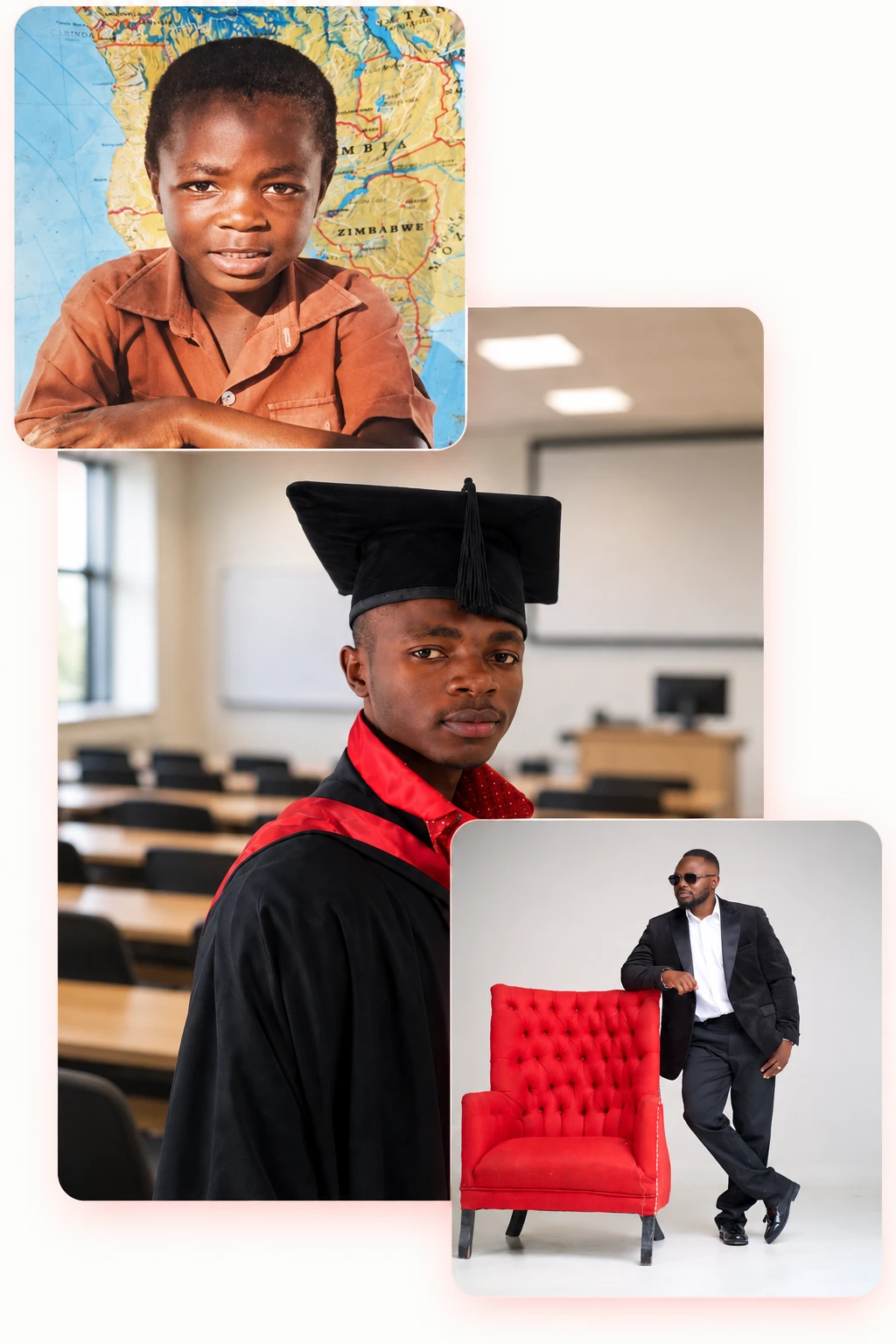 Mtima Heart Foundation founder pictured during primary school, at university graduation and as an adult.