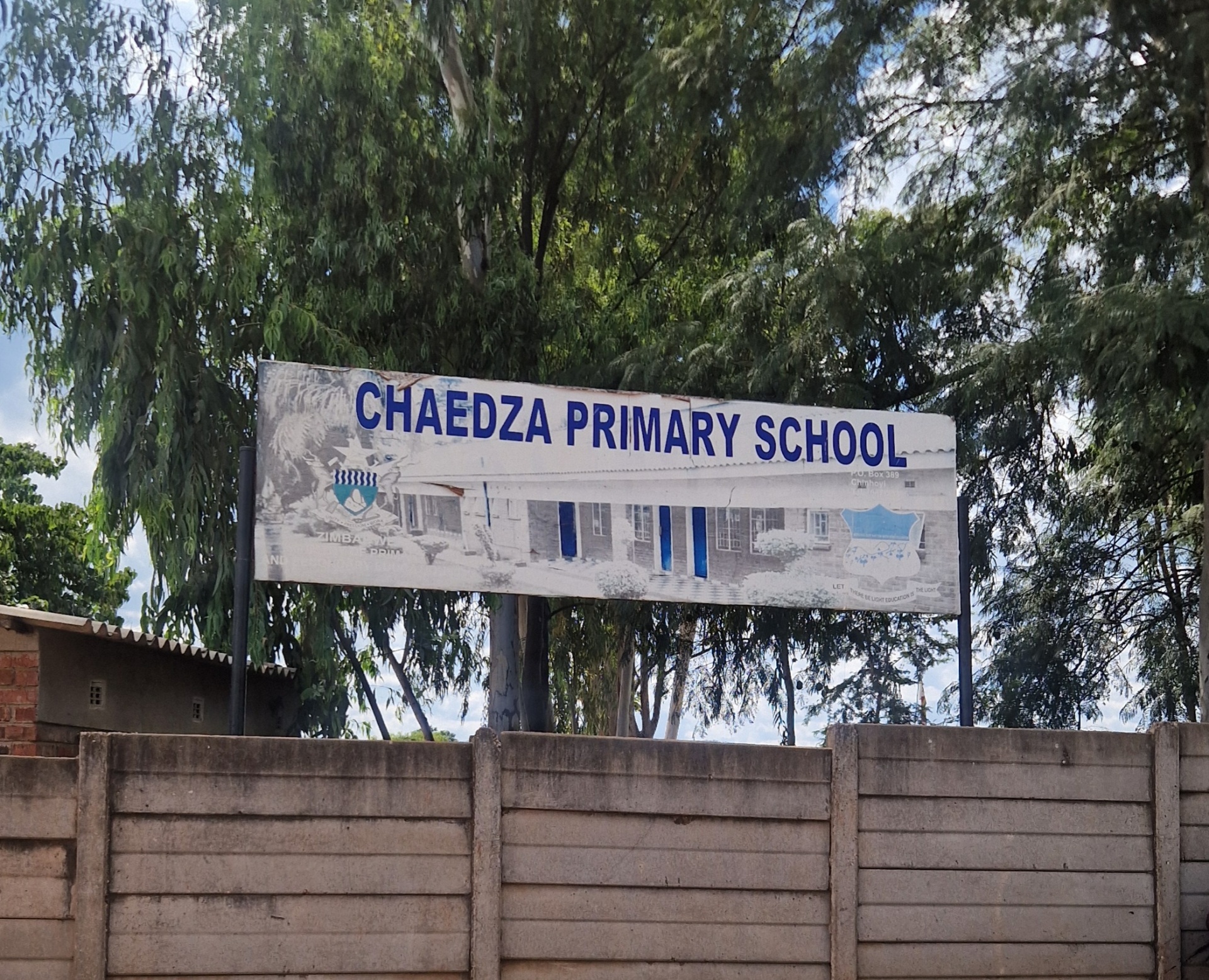Chaedza Primary School entrance sign in Chinhoyi, Zimbabwe